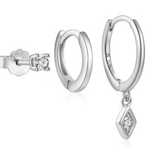 925 Sterling Silver Mini Hoop Earrings with CZ Charm (Single Piece)
